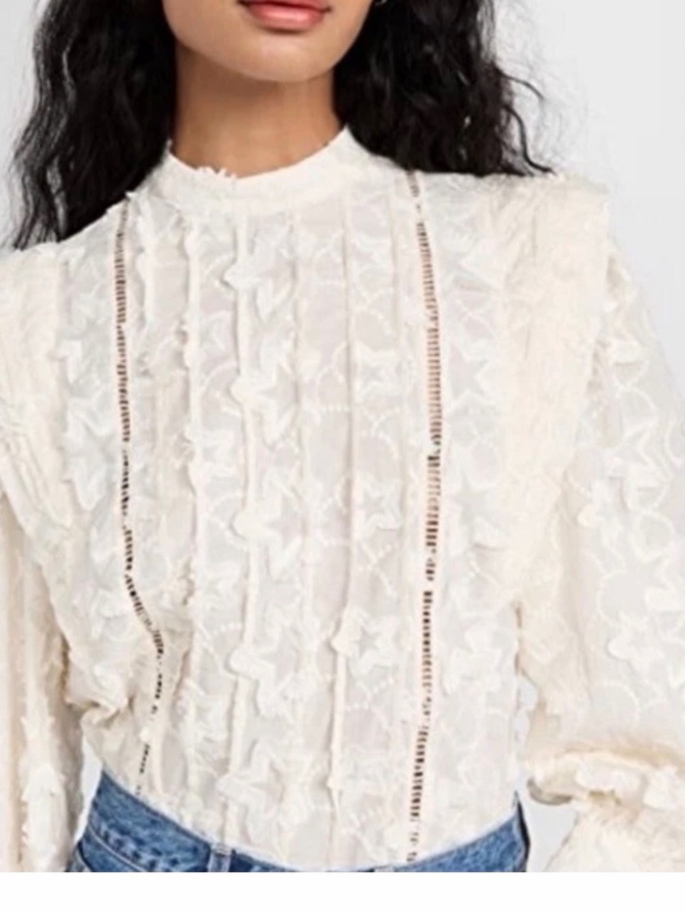 $195 FARM RIO Star 3D Embroidered Bishop Sleeve Blouse in Off White Size XL
